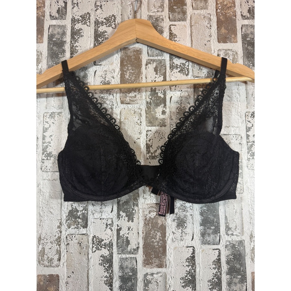 Victoria's Secret Bra Womens 34D Black Very Sexy Unlined Plunge Lace